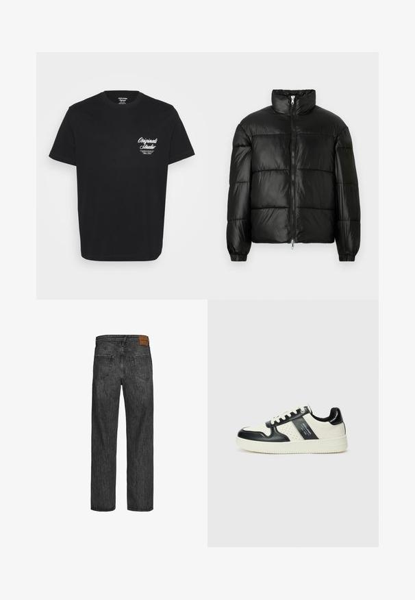 Crna puffer jakna s visokim ovratnikom, zatvaranjem na zip, quilted dizajnom, elastičnim manžetama i sjajnim, glatkim materijalom.; Crna pamučna majica s okruglim izrezom, kratkim rukavima i bijelim otisnutim tekstom na lijevoj strani prsnog dijela. Jednostavan dizajn bez dodatnih uzoraka.; Crna traperica s ravnim nogavicama, pet džepova i smešnim kožnim oznakom na pojasu. Tekstura tkanine sa detaljima šivanja.; Kožne tenisice s crno-bijelom paletom boja, koje imaju perforirane akcentne detalje, podstavljeni ovratnik i teksturiranu potplat.