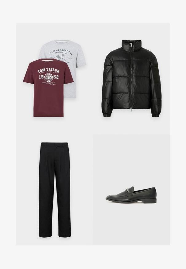 Must mustaga jakker, millel on kõrge krae, luku esikinnitus, tikanditud disain, elastsed mansetid ja läikiv, sile kangast viimistlus.; Kaks T-särki: üks tumepunane valge trükiga, millel on "TOM TAILOR" logo; teine heledashall sinise graafilise teksti ja linnukujutisega. Lühikesed varrukad, puuvillane segu.; Mustad mustadest riietest, millel on sirge jalgade disain, kaks eesmist voltimist ja tavaline vöökoht, millel on vöökohad.; Must haveate nahkking punased, millel on sile viimistlus, tikitud muster ja dekoratiivne metallkett vampi üle. Tasane konts.