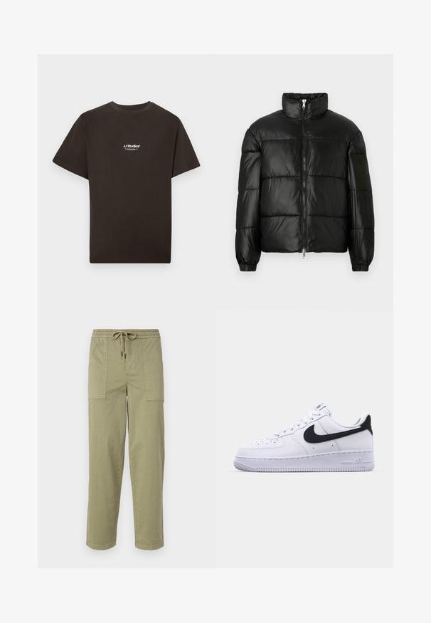 Black puffer jacket with a high collar, zip front closure, quilted design, elastic cuffs, and shiny, smooth fabric finish.; Black cotton T-shirt with short sleeves and a crew neck, featuring "JJ Studios" logo in white on the front center. Smooth texture.; Light olive green pants made of cotton blend fabric, featuring an elastic waistband with drawstring, and two large side pockets.; White leather sneaker with a textured black Swoosh, flat laces, and a rubber sole featuring a ridged pattern. "AIR" is embossed on the heel.