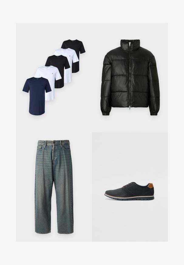 Crna puffer jakna s visokim ovratnikom, zatvaranjem na zip, quilted dizajnom, elastičnim manžetama i sjajnim, glatkim materijalom.; Pet majica u tamnoplavoj, crnoj i bijeloj pamučnoj tkanini. Svaka ima okrugli izrez i kratke rukave. Mali logo se pojavljuje na lijevoj strani prsiju svake majice.; Svijetloplave traperice s širokim krojem, srednjim pojasom i ravnim nogavicama. Ima pet džepova, petlje za remen i kopčanje na gumb.; Crne sintetičke cipele s teksturiranim gornjim dijelom, glatkim akcentima, smešnim petom i kontrastnom potplatom. Imaju minimalne vezice i detalje šivanja.