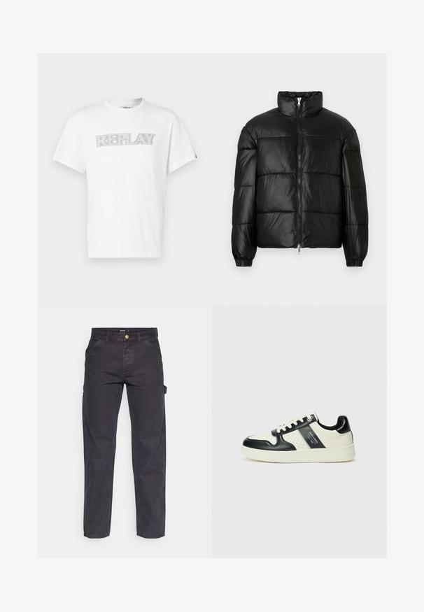 Černá péřová bunda s vysokým límcem, zapínáním na zip, prošívaným designem, elastickými manžetami a lesklým, hladkým povrchem.; Bílý bavlněný tričko s výraznou šedou grafikou "REPLAY" na přední straně, krátkými rukávy a kulatým výstřihem. Měkká textura a běžný střih.; Tmavě šedé cargo kalhoty vyrobené z odolné látky, s rovnými nohavicemi, pěti kapsami a knoflíkovým zapínáním v pase.; Kožené tenisky s černobílou barevnou kombinací, které mají perforované detaily, polstrovaný límec a texturovanou podrážku.