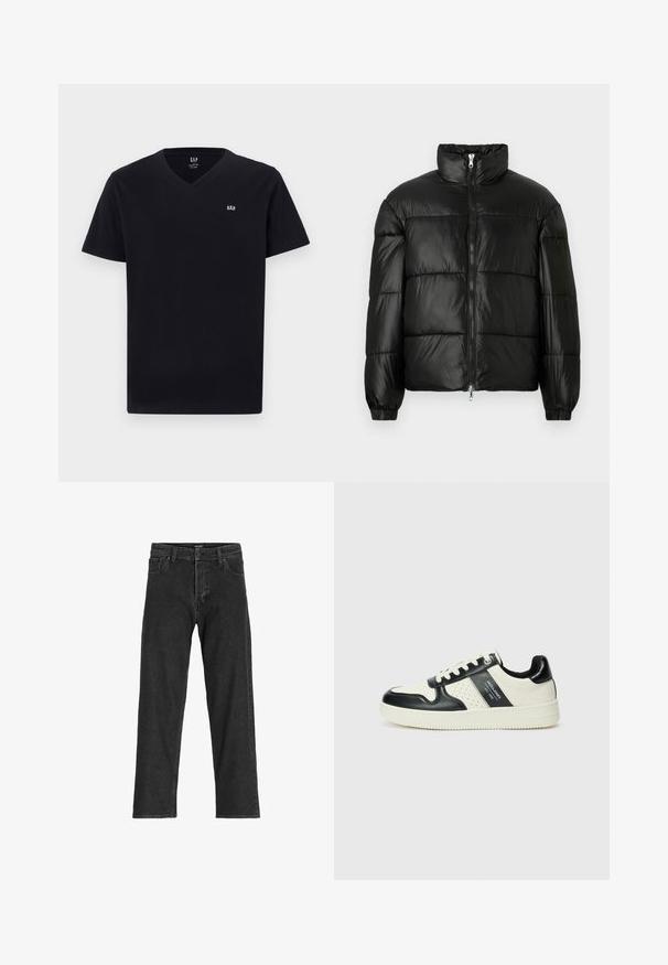 Svart puffjacka med hög krage, dragkedja fram, kviltat mönster, elastiska ärmslut och en blänkande, slät ytfinish.; Svart bomullströja med V-krage, korta ärmar och en liten vit broderad logotyp på vänster bröst. Slät textur, klassisk passform.; Svarta denimjeans med rak passform, featuring dragkedja, bälteslöljer och sex fickor, tillverkade av en kraftig bomullsblandning.; Läder sneakers med en svart och krämfärgad färgsättning, med perforerade detaljer, en vadderad krage och en strukturerad yttersula.