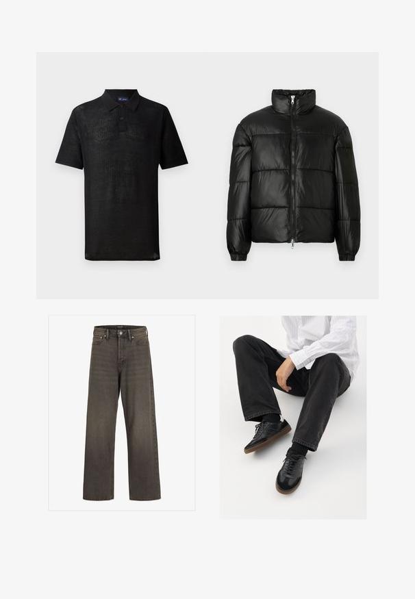 Čierna páperová bunda s vysokým golierom, predným zipsom, prešívaným dizajnom, elastickými manžetami a lesklým hladkým materiálom.; Čierna polo košeľa vyrobená z textúrovanej pleteniny. Má krátke rukávy, golier a zapínanie na tri gombíky. Ľahký design, voľný strih.; Džínsy s širokými nohavicami v tmavošedej džínsovine, s vysokým pásom, klasickým dizajnom s piatimi vreckami a kontrastným šitím pozdĺž švov.; Čierne tenisky s hladkým a textúrovaným zvrškom, s gumovou podrážkou a tmavými šnúrkami. Kombinované s čiernymi džínsami a bielo-prúžkovanou košeľou.