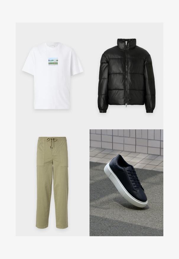 Casaco puffer preto com gola alta, fecho frontal em zíper, design acolchoado, punhos elásticos e acabamento de tecido brilhante e suave.; T-shirt de algodão branco com um gráfico de paisagem colorido na frente, design quadrado, mangas curtas e gola redonda.; Calças verde-oliva claras feitas de um tecido de algodão misto, com um cós elástico com cordão e dois bolsos laterais grandes.; Sapatilha de couro preto com bico arredondado e sola de borracha branca. Apresenta atacadores planos e costuras mínimas na parte superior. Sola texturizada para melhor aderência.