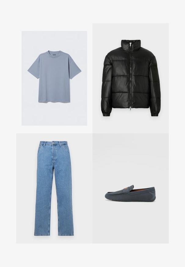 Black puffer jacket with a high collar, zip front closure, quilted design, elastic cuffs, and shiny, smooth fabric finish.; Light blue short-sleeve t-shirt made of smooth cotton with a rounded neckline and relaxed fit; features minimal stitching details.; Light blue denim straight-leg jeans with a classic five-pocket design, featuring a front button closure and belt loops. Smooth texture.; Gray perforated loafers with a slip-on design, featuring an orange accent, rounded toe, and textured rubber outsole.