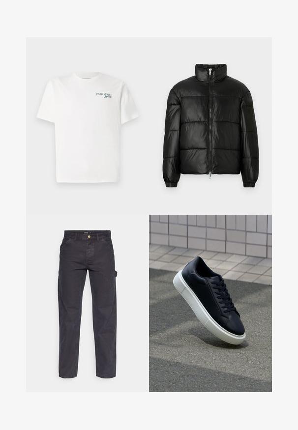 Doudoune noire avec un col montant, fermeture éclair sur le devant, design matelassé, poignets élastiques et finition en tissu lisse et brillant.; T-shirt en coton blanc avec un col ras du cou. Le devant présente un texte vert : "PARK MOTEL Resort." Manches courtes et coupe décontractée. Texture lisse.; Pantalons cargo gris foncé en tissu durable, avec une coupe droite, cinq poches et une fermeture à bouton à la taille.; Baskets noires en cuir avec bout arrondi et semelle en caoutchouc blanc. Elles présentent des lacets plats et une couture minimale sur la tige. Semelle texturée pour une bonne adhérence.