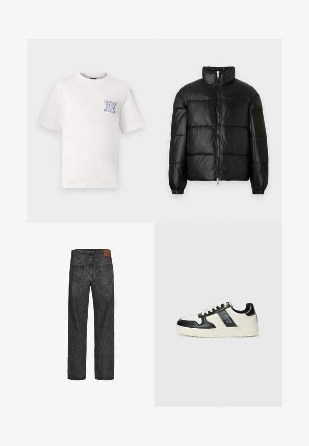 Black puffer jacket with a high collar, zip front closure, quilted design, elastic cuffs, and shiny, smooth fabric finish.; White cotton T-shirt with a relaxed fit, featuring a blue graphic text design on the left chest that reads "COFFEE WORK SLEEP REPEAT."; Black denim jeans with a straight leg design, five-pocket style, and a brown leather patch at the waistband. Textured fabric with stitching details.; Leather sneakers with a black and cream color scheme, featuring perforated accents, a padded collar, and a textured outsole.