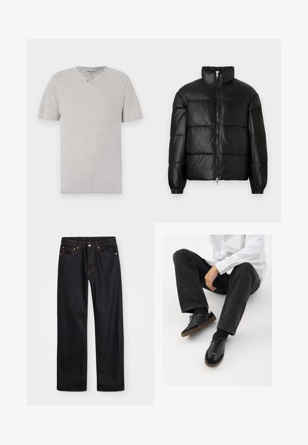 Crna puffer jakna s visokim ovratnikom, zatvaranjem na zip, quilted dizajnom, elastičnim manžetama i sjajnim, glatkim materijalom.; Majica s kratkim rukavima, sivo-bijelih pruga, s okruglim izrezom i detaljem od dva dugmeta na izrezu. Mekana tkanina s opuštenim krojem.; Muške traperice ravnog kroja, crne boje, s pet džepova i narančastim šavovima, sa zatvaranjem na dugme i patentni zatvarač na prednjem dijelu struka.; Crne tenisice s glatkim i teksturiranim gornjim dijelom, koje imaju gumeni potplat i tamne vezice. Uparene s crnim trapericama i bijelom košuljom s prugama.