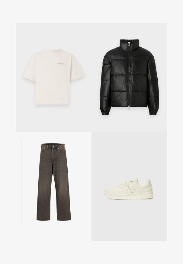 Black puffer jacket with a high collar, zip front closure, quilted design, elastic cuffs, and shiny, smooth fabric finish.; Short-sleeve, crew-neck t-shirt in off-white cotton with “ADRIATIC SEA” text in pink on the chest. Relaxed fit and smooth texture.; Wide-leg jeans in dark grey denim, featuring a high waist, classic five-pocket design, and contrasting stitching along the seams.; Cream-colored sneaker with perforated detailing, laces, and logo on the side, displayed against a plain white background.