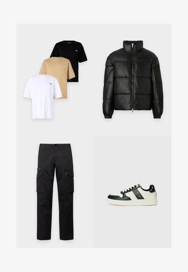 Mustat puffer-takki korkealla kauluksella, vetoketjukiinnitys edessä, tikattu malli, joustavat hihansuut ja kiiltävä, sileä kangasviimeistely.; Kolme lyhythihaista T-paitaa pinottuna: valkoinen, beige ja musta. Jokaisessa on pyöreä kaula-aukko ja pieni logo vasemmassa rinnassa. Puuvillamateriaali.; Mustat cargo-housut, joissa on useita taskuja, vetoketjullinen tasku reidellä, suora malli ja kestävä puuvillakangas, jossa on kevyt kiilto.; Nahkakengät musta-kerma värimaailmassa, joissa on rei'itetyt yksityiskohdat, pehmustettu nilkkaosa ja teksturoitu pohja.