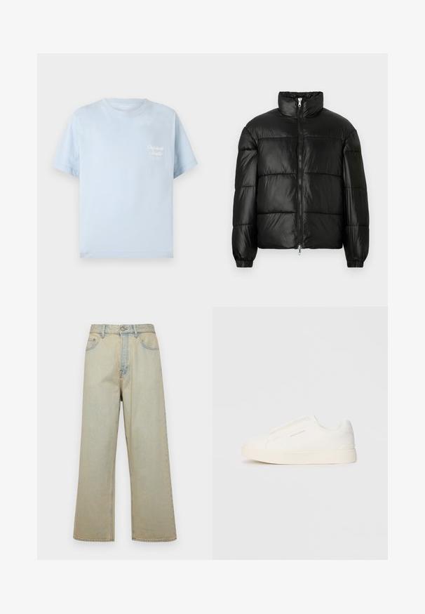 Svart pufferjakke med høy krage, glidelås foran, quiltet design, elastiske mansjetter og blank, glatt stofffinish.; Lyseblå t-skjorte laget av bomull, med rund hals, korte ermer, og en liten hvit logo på brystet, med en jevn tekstur.; Lyseblå vide jeans laget av denim med en falmet finish. Har fem lommer og en frontlukking med knapp.; Hvite slip-on joggesko med teksturert overflate, tykk såle og minimalistisk design. Har merkevarelogo på siden.
