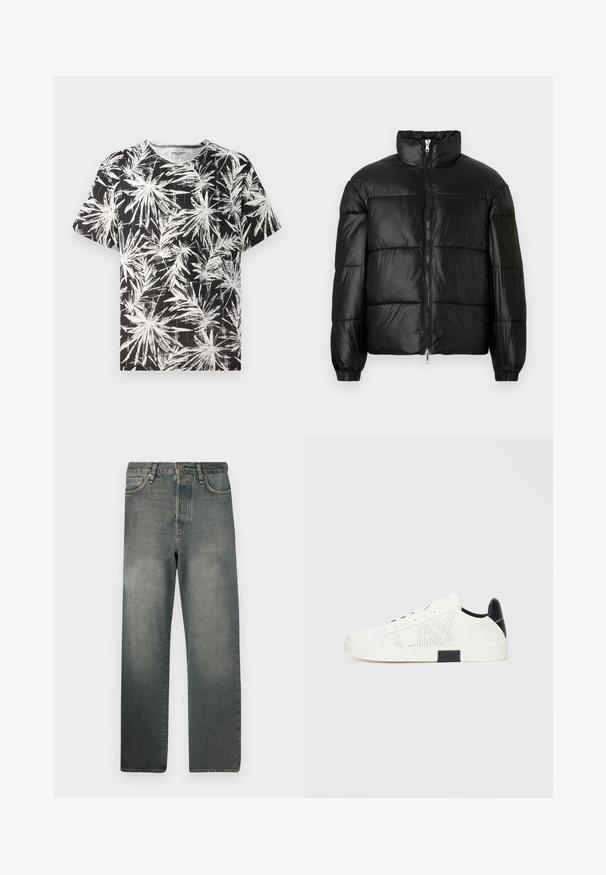 Czarna kurtka puchowa z wysokim kołnierzem, zapięciem na zamek błyskawiczny z przodu, pikowanym wzorem, elastycznymi mankietami oraz błyszczącym, gładkim wykończeniem materiału.; Czarny t-shirt z białym, abstrakcyjnym wzorem liści palmowych, krótki rękaw i okrągły dekolt, wykonany z lekkiej bawełnianej tkaniny.; Jack & Jones JJIALEX JJCOOPER czarny denim; Białe sneakersy z perforowanym wzorem, czarnym akcentem na pięcie i białą gumową podeszwą. Posiadają sznurówki oraz logo z boku. Gładka skórzana tekstura.