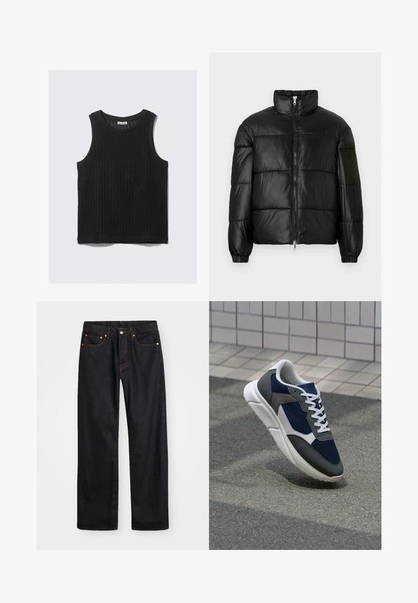 Svart pufferjakke med høy krage, glidelås foran, quiltet design, elastiske mansjetter og blank, glatt stofffinish.; Svart ermeløs tanktopp med ribbet tekstur, rund halslinning og rett søm. Merket leser "WEEKDAY" ved halslinningen.; Men's straight-leg svarte denim jeans med fem lommer og oransje søm, knapp og glidelås lukking foran på midjen.; Sneakers med en navy blå mesh-overdel, grå sømværk, hvit gummisåle og flate hvite snører, designet for komfort og pusteevne.