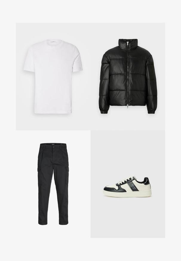 Black puffer jacket with a high collar, zip front closure, quilted design, elastic cuffs, and shiny, smooth fabric finish.; White cotton t-shirt with a crew neckline and short sleeves. Features a subtle brand logo on the front, smooth texture, and classic fit.; Black cargo pants made of sturdy fabric, featuring multiple pockets, a button closure, and a slim fit design with tapered legs.; Leather sneakers with a black and cream color scheme, featuring perforated accents, a padded collar, and a textured outsole.