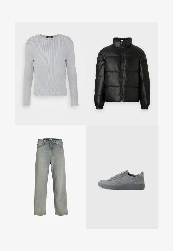 Μαύρο μπουφάν με φουσκωτό σχέδιο, ψηλό γιακά, κλείσιμο με φερμουάρ μπροστά, ραφές τύπου καπιτονέ, ελαστικές μανσέτες και γυαλιστερή, λεία υφή.; Ανοιχτό γκρι μάκρυ μανίκι ριβέ μπλούζα με στρογγυλή λαιμόκοψη και ίσια τελείωση. Μαλακή υφή με διακριτές κατακόρυφες ρίγες και χωρίς ορατές κλεισίματα.; Ανοιχτό γκρι, χαλαρά εφαρμοστά τζιν φτιαγμένα από denim. Διαθέτουν κλασικό σχέδιο πέντε τσεπών, θηλιές ζώνης και ίσια γραμμή.; Γκρι σουέτ αθλητικά παπούτσια με λείο δερμάτινο άνω μέρος, με υφασμένο ελαστικό πέλμα και κλασικό σχέδιο με κορδόνια. Σημειακό λογότυπο swoosh στο πλάι.
