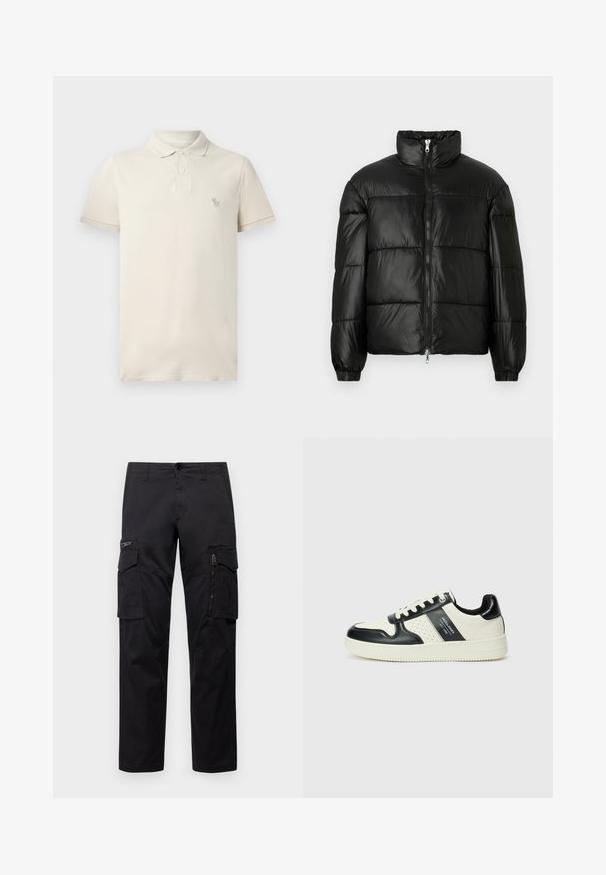 Mustat puffer-takki korkealla kauluksella, vetoketjukiinnitys edessä, tikattu malli, joustavat hihansuut ja kiiltävä, sileä kangasviimeistely.; Paita polo beige yang terbuat dari katun, dilengkapi dengan kerah, lengan pendek, dan logo bordir kecil di dada. Tekstur lembut dengan potongan klasik.; Mustat cargo-housut, joissa on useita taskuja, vetoketjullinen tasku reidellä, suora malli ja kestävä puuvillakangas, jossa on kevyt kiilto.; Nahkakengät musta-kerma värimaailmassa, joissa on rei'itetyt yksityiskohdat, pehmustettu nilkkaosa ja teksturoitu pohja.