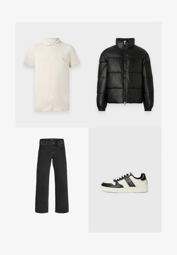 Schwarze Daunenjacke mit hohem Kragen, Reißverschluss vorne, gestepptem Design, elastischen Bündchen und glänzendem, glattem Stofffinish.; Beige Poloshirt aus Baumwolle, mit Kragen, kurzen Ärmeln und einem kleinen gestickten Logo auf der Brust. Weicher Stoff mit klassischer Passform.; Schwarze weite Jeans aus Denim; verfügt über ein klassisches Fünf-Taschen-Design, robuste Nähte und einen Knopfverschluss am Bund.; Leder-Sneaker in Schwarz- und Cremetönen, mit perforierten Akzenten, einem gepolsterten Kragen und einer strukturierten Laufsohle.