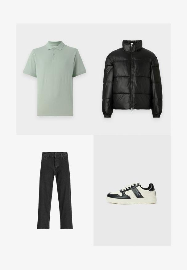 Black puffer jacket with a high collar, zip front closure, quilted design, elastic cuffs, and shiny, smooth fabric finish.; Light green polo shirt made of cotton, featuring a classic collar, two-button placket, and short sleeves with a subtle logo detail.; Black denim jeans with a straight leg design, featuring a zip fly, belt loops, and six pockets, made from a sturdy cotton blend fabric.; Leather sneakers with a black and cream color scheme, featuring perforated accents, a padded collar, and a textured outsole.