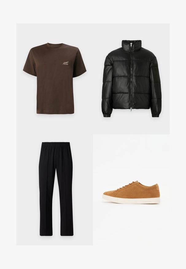 Must mustaga jakker, millel on kõrge krae, luku esikinnitus, tikanditud disain, elastsed mansetid ja läikiv, sile kangast viimistlus.; Prune puuvillane T-särk, ümmarguse kaeluse, lühikeste varrukate ja vasakul küljel väikese valge logoga. Sile tekstuur, tavapärane lõike.; Mustad, elastse puusärgid sirge säärega, mis on sileda tekstuuriga ja ilma nähtavate mustrite või riistadega.; Pruunist nahast spordijalatsid madala ülemise disainiga, valge kummitald ja ümar varvas. Omab sobivaid sidekesi ja minimaalset brändi logo kontsapooles.
