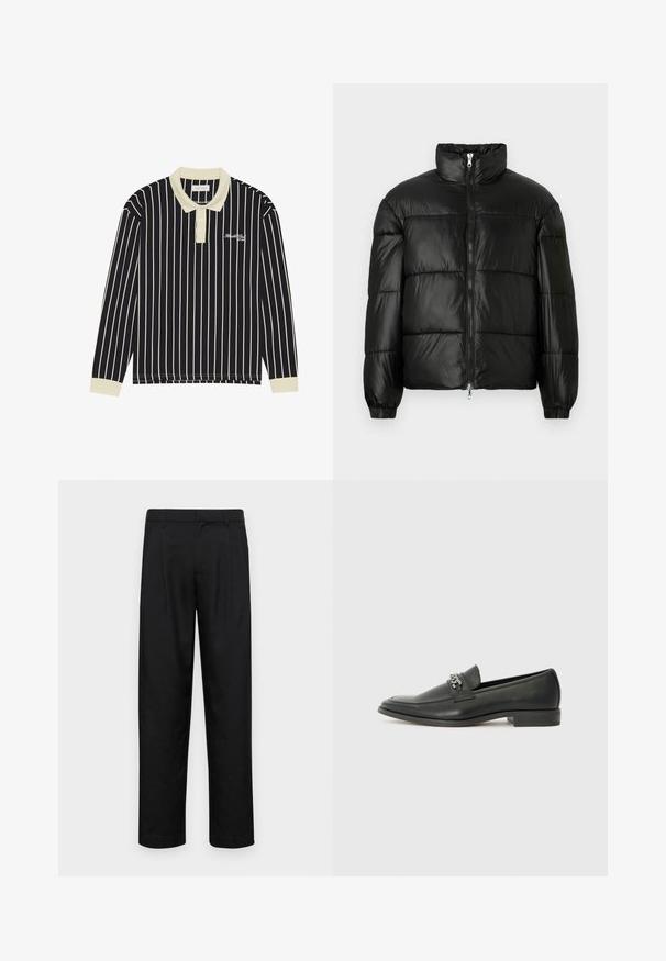 Must mustaga jakker, millel on kõrge krae, luku esikinnitus, tikanditud disain, elastsed mansetid ja läikiv, sile kangast viimistlus.; Pika varrukatega polo särk, millel on tumehallid ja kreemjad vertikaalsed triibud, kreemjas krae, kolme nupuga sulgur ja vasakul rinnal tikitud logo.; Mustad mustadest riietest, millel on sirge jalgade disain, kaks eesmist voltimist ja tavaline vöökoht, millel on vöökohad.; Must haveate nahkking punased, millel on sile viimistlus, tikitud muster ja dekoratiivne metallkett vampi üle. Tasane konts.