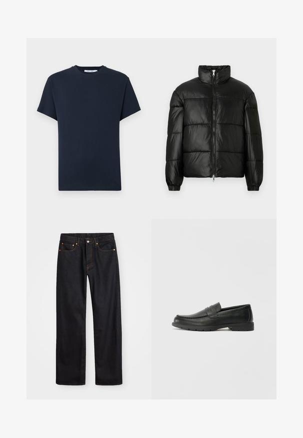 Crna puffer jakna s visokim ovratnikom, zatvaranjem na zip, quilted dizajnom, elastičnim manžetama i sjajnim, glatkim materijalom.; Tamno mornarsko plava kratkotrajna majica s kratkim rukavima od pamuka, s okruglim izrezom i opuštenim krojem. Jednostavna, jednobojna bez uzoraka.; Muške traperice ravnog kroja, crne boje, s pet džepova i narančastim šavovima, sa zatvaranjem na dugme i patentni zatvarač na prednjem dijelu struka.; Crne kožne mokasine s glatkom površinom, gornji dio u stilu mokasina, ojačani šavovi i gumeni potplat. Klasičan dizajn s niskom petom.