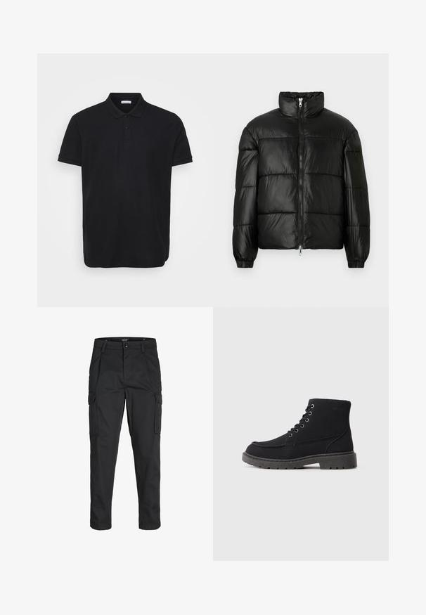Fekete puffernadrág magas gallérral, cipzáras elülső záródással, steppelt kialakítással, elasztikus mandzsettákkal és fényes, sima szövetfelülettel.; Fekete pólóing bordázott textúrával, klasszikus gallérral, három gombos zárással és diszkrét logóval a bal mellen.; Fekete cargo nadrág, amely tartós anyagból készült, több zsebet tartalmaz, gombos záródással rendelkezik, és karcsú szabású, szűkített lábakkal bír.; Fekete bokacsizma textilből, lapos talppal, kerek orral és hat fűzőlyukkal. megerősített varrás az élek mentén.