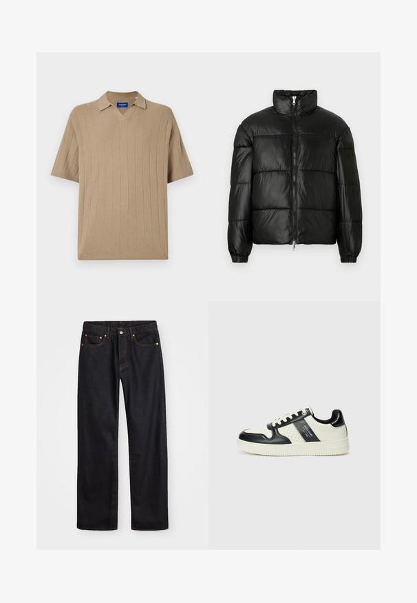 Czarna kurtka puchowa z wysokim kołnierzem, zapięciem na zamek błyskawiczny z przodu, pikowanym wzorem, elastycznymi mankietami oraz błyszczącym, gładkim wykończeniem materiału.; Jack & Jones JORVARENNA brązowy; Męskie jeansy w prostym kroju, czarne, z pięcioma kieszeniami oraz pomarańczowymi strefami, z zapięciem na guzik i zamek z przodu w pasie.; Skórzane sneakersy w czarno-kremowym schemacie kolorystycznym, z perforowanymi akcentami, wyściełanym kołnierzem i teksturowaną podeszwą.