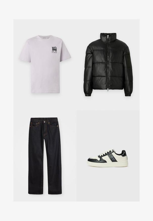 Doudoune noire avec un col montant, fermeture éclair sur le devant, design matelassé, poignets élastiques et finition en tissu lisse et brillant.; T-shirt en coton léger à manches courtes, de couleur violet clair, avec un graphisme de chat noir et du texte sur la poitrine gauche. Encolure ronde et coupe décontractée.; Jean en denim noir pour hommes, coupe droite, avec cinq poches et surpiqûres orange, fermeture par bouton et zip à la taille avant.; Baskets en cuir avec un schéma de couleurs noir et crème, dotées d'accents perforés, d'un col rembourré et d'une semelle texturée.