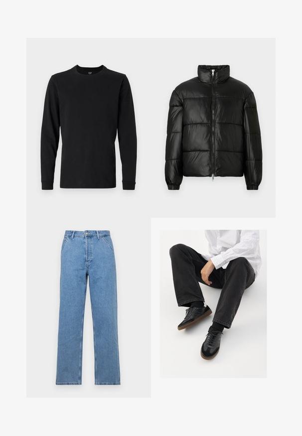 Must mustaga jakker, millel on kõrge krae, luku esikinnitus, tikanditud disain, elastsed mansetid ja läikiv, sile kangast viimistlus.; GAP EVERYDAY SOFT CREW SOLIDS - Pikkade varrukatega topp - black; Hele sinine denim sirgeded teod, klassikalise viie tasku disainiga, ees nupuga kinnitamine ja vööaugu lõiked. Sile tekstuur.; Mustad spordijalatsid siledast ja tekstuurilisest ülemisest osast, millel on kummist tald ja tumedad nöörid. Kombineeritud mustade teksade ja valge triibulise särgiga.