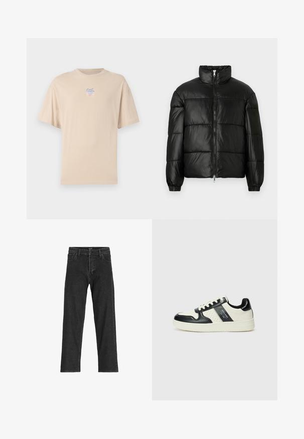 Fekete puffernadrág magas gallérral, cipzáras elülső záródással, steppelt kialakítással, elasztikus mandzsettákkal és fényes, sima szövetfelülettel.; Beige pamut póló rövid ujjakkal, kerek nyakkal és egy kis színes logóval a mellkason. Sima textúra és laza fazon.; Fekete farmernadrág egyenes szárú dizájnnal, cipzáras záródással, övhurkokkal és hat zsebbel, tartós pamut keverékből készült.; Fekete és krém színű bőrsneaker, perforált díszítésekkel, párnázott bokapánttal és texturált talppal.