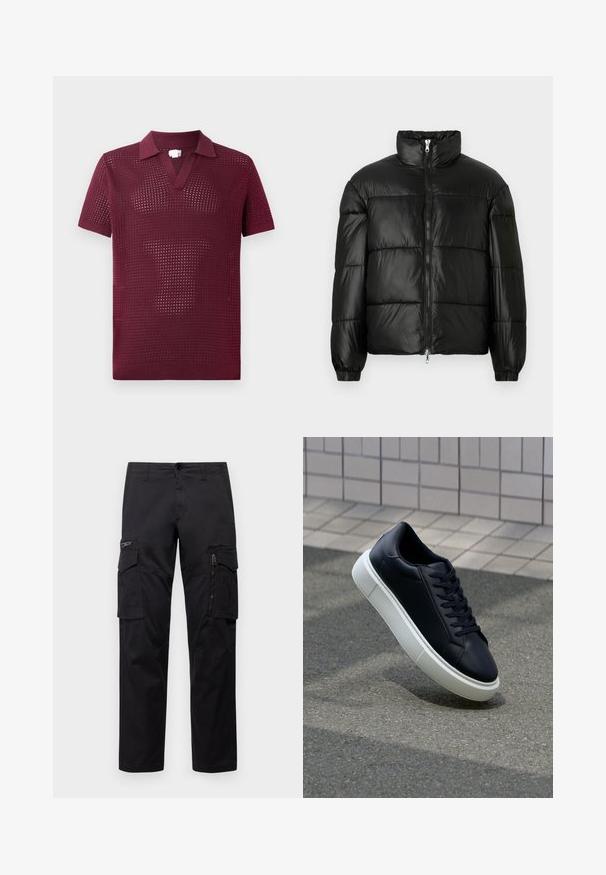 Chaqueta de pluma negra con un cuello alto, cierre frontal con cremallera, diseño acolchado, puños elásticos y acabado de tela brillante y suave.; Polo de manga corta burdeos con un tejido abierto texturizado, presenta un cuello en V y un collar estructurado, hecho de un material de punto ligero.; Pantalones cargo negros con múltiples bolsillos, un bolsillo con cremallera en el muslo, corte recto y tejido de algodón resistente con un ligero brillo.; Zapatilla de cuero negro con punta redonda y suela de goma blanca. Presenta cordones planos y un mínimo de costuras en la parte superior. Suela texturizada para proporcionar agarre.