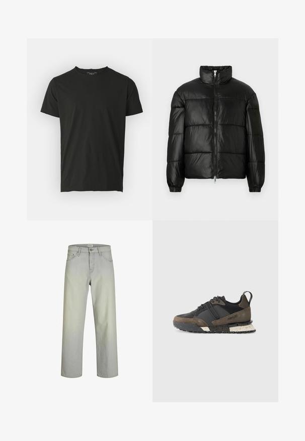 Svart pufferjakke med høy krage, glidelås foran, quiltet design, elastiske mansjetter og blank, glatt stofffinish.; Svart bomulls t-skjorte med korte ermer og rund hals. Glatt tekstur, minimalistisk design, og et merke på baksiden av halsen.; Lys grå, rette jeans med klassisk fem-lomme design, knappelukking og belteholdere. Laget av denimstoff med en jevn tekstur.; Replay FIELD JUPITER CRAFT - Joggesko - black/dark grey