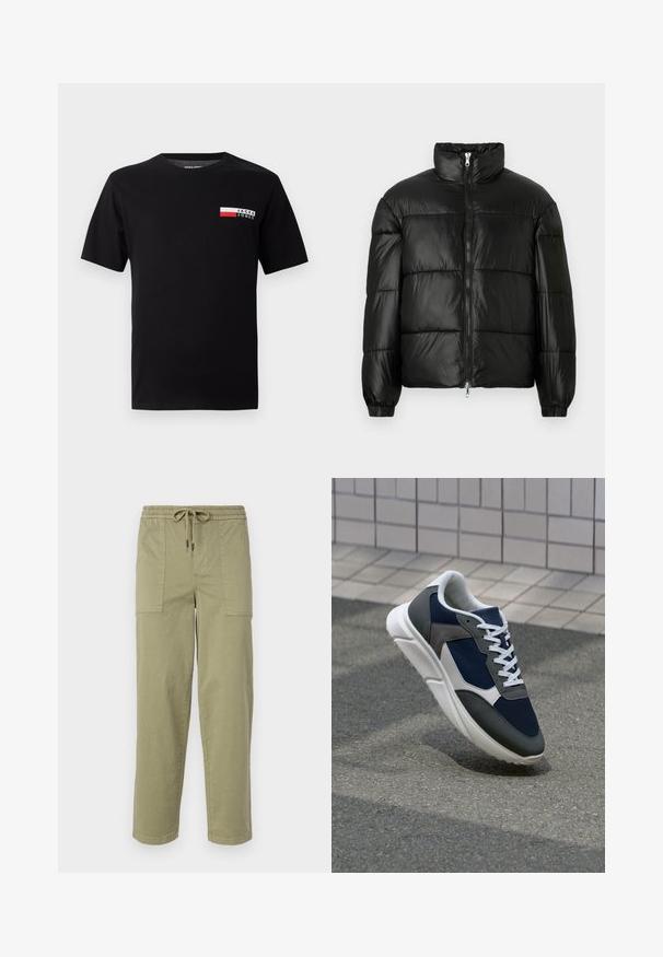 Casaco puffer preto com gola alta, fecho frontal em zíper, design acolchoado, punhos elásticos e acabamento de tecido brilhante e suave.; T-shirt de algodão preta com um pequeno logótipo e um bloco de cor retangular em vermelho e branco na área do lado esquerdo do peito.; Calças verde-oliva claras feitas de um tecido de algodão misto, com um cós elástico com cordão e dois bolsos laterais grandes.; Sapatilha com parte superior em malha azul-marinho, detalhes em camurça cinza, sola de borracha branca e atacadores brancos planos, projetada para conforto e respirabilidade.