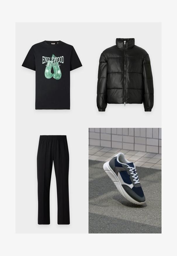 Svart pufferjakke med høy krage, glidelås foran, quiltet design, elastiske mansjetter og blank, glatt stofffinish.; Svart crew-neck t-skjorte med grønn boksing hanske grafikk og teksten "ENGLEWOOD Boxing Gym New Jersey Fight Academy" på forsiden.; Svart, elastisk midjebukser med rett ben-design, med en glatt tekstur og uten synlige mønstre eller maskinvare.; Sneakers med en navy blå mesh-overdel, grå sømværk, hvit gummisåle og flate hvite snører, designet for komfort og pusteevne.