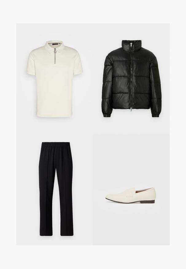 Melna pūkainā jaka ar augstu apkakli, rāvējslēdzēja priekšējo aizdari, quilted dizainu, elastīgām piedurknēm un spīdīgu, gludu auduma apdari.; Krātāsnīca ar īsām piedurknēm off-white teksturētā auduma, ar apkakli un pus-izvelkamām aizdares pogām ar apaļu cilpu.; Melni elastīgi bikses ar taisnas kājas dizainu, ar gludu tekstūru un bez redzamām zīmēm vai detaļām.; Gai bēša kurpes ar smailu pirkstu, gludu materiālu, siksnu pāri pēdas daļai un zemu brūnu zoli. Vienkāršs dizains ar minimāliem akcentiem.