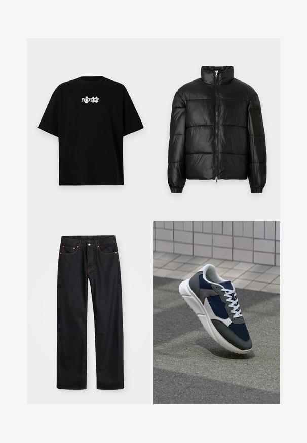 Svart pufferjakke med høy krage, glidelås foran, quiltet design, elastiske mansjetter og blank, glatt stofffinish.; Sorte bomull T-skjorte med rund hals, korte ermer og en hvit trykt logo "REPLAY" på fronten. Minimalistisk design og løs passform.; Men's straight-leg svarte denim jeans med fem lommer og oransje søm, knapp og glidelås lukking foran på midjen.; Sneakers med en navy blå mesh-overdel, grå sømværk, hvit gummisåle og flate hvite snører, designet for komfort og pusteevne.
