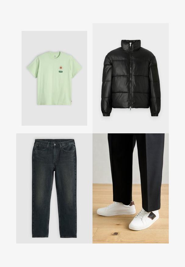 Mustat puffer-takki korkealla kauluksella, vetoketjukiinnitys edessä, tikattu malli, joustavat hihansuut ja kiiltävä, sileä kangasviimeistely.; Vihreä puuvillainen t-paita, lyhyet hihat, pyöreä kaula-aukko. Jossa on kevyt oranssi aurinkografiikka ja vihreä Levi's-logo vasemmassa rinnassa.; Musta farkkuhousut suoran lahkeensuunnittelun, viiden taskun muotoilun ja hillittyjen haalistumien yksityiskohdin. Varustettu nappi- ja vetoketjusuljennalla.; Valkoiset tennarit, joissa on sileä pinta, ruskealla nahka-akentilla ja mustilla yksityiskohdilla, yhdistetty mustiin räätälöityihin housuihin. Taustalla puulattia.