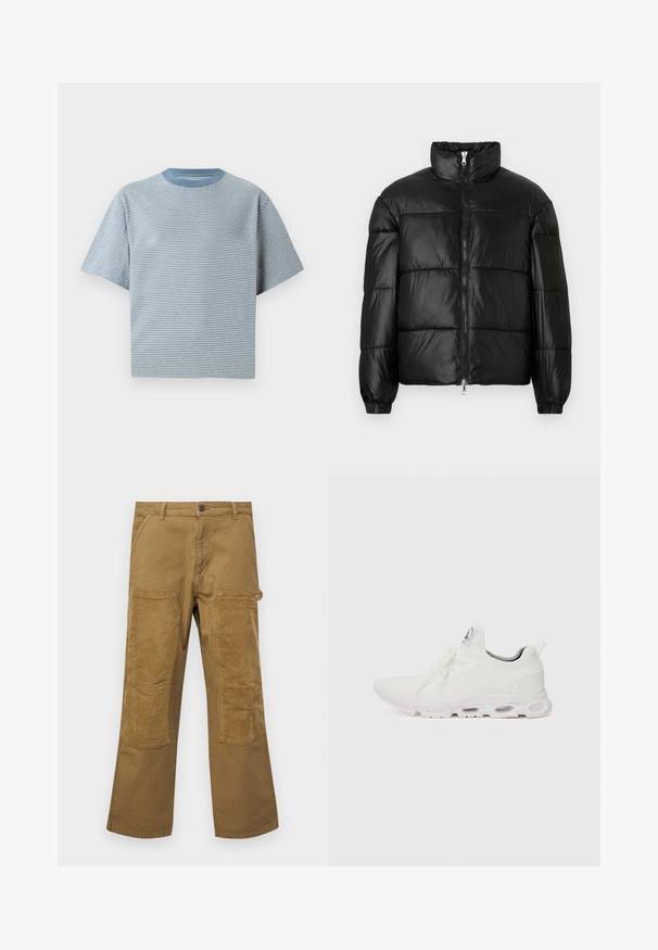 Geacă neagră din material puffy, cu guler înalt, închidere cu fermoar pe față, design matlasat, mansete elastice și finisaj din țesătură lucioasă și netedă.; Tricou cu dungi în albastru deschis și alb, mâneci scurte, guler rotund, realizat din material de bumbac moale, având un croi lejer.; Pantaloni cargo din bumbac maro, cu imprimeuri dintr-un material ribbed contrastant, croi drept, cinci buzunare și închidere cu nasture.; Adidași albi cu un superior din țesătură texturată, șireturi plate și o talpă cu perne de aer vizibile pentru suport suplimentar.