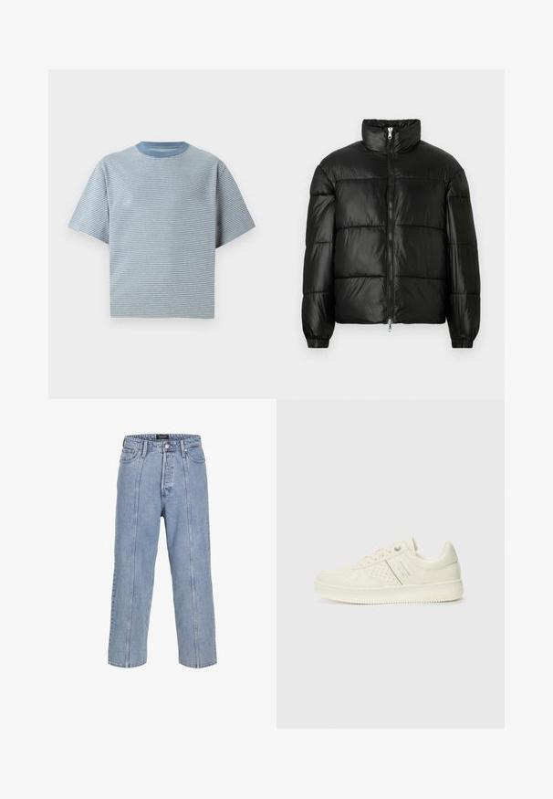 Must mustaga jakker, millel on kõrge krae, luku esikinnitus, tikanditud disain, elastsed mansetid ja läikiv, sile kangast viimistlus.; Röstripuline T-särk helesinises ja valges, lühikeste varrukatega, ümmarguse kaelusega, pehmest puuvillast materjalist, millel on lõdva istuvuse omadus.; Heledad sinine teksapüksid, millel on lai lõige, laiad sääred ja nähtavad õmbluse detailid. Omab nööbiga ja lukuga kinni tõmmatavat piirdu, viis taskut.; Koor valged tossud perforatsiooni detailide, nööpide ja külje logo ka, esitatud ühtlase valge tausta ees.