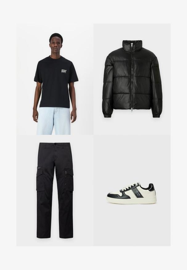 Melna pūkainā jaka ar augstu apkakli, rāvējslēdzēja priekšējo aizdari, quilted dizainu, elastīgām piedurknēm un spīdīgu, gludu auduma apdari.; Melnas kokvilnas T-krekls ar īsām piedurknēm un apaļu kakla izgriezumu. Uz krūtīm atrodas neliels balts "ARTICLE" logotips. Valkāts ar gaiši ziliem džinsiem.; Melnas cargo bikses ar vairākiem kabatām, ar rāvējslēdzēju kabatu uz augšstilba, taisnu piegriezumu un izturīgu kokvilnas audumu ar vieglu spīdumu.; Ādas sporta apavi ar melnbaltu krāsu shēmu, ar perforētiem akcentiem, mīkstinātu apkakli un teksturētu zoli.