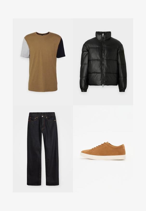 Casaco puffer preto com gola alta, fecho frontal em zíper, design acolchoado, punhos elásticos e acabamento de tecido brilhante e suave.; Only & Sons ONSORIK LIFE TEE - T-shirt estampada - kangaroo; Calças de ganga pretas para homem, de pernas retas, com cinco bolsos e costura laranja, fecho de botão e zíper na cintura da frente.; Sneakers de camurça castanha com um design de cano baixo, sola de borracha branca e bico redondo. Apresentam cordões combinando e uma marcação mínima no calcanhar.