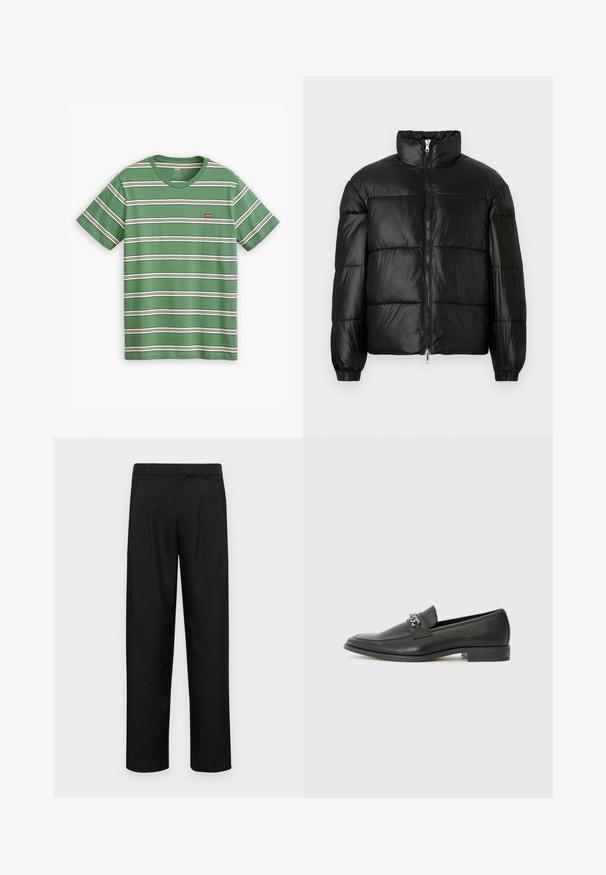 Black puffer jacket with a high collar, zip front closure, quilted design, elastic cuffs, and shiny, smooth fabric finish.; Green striped t-shirt made of cotton, featuring horizontal white, yellow, and blue stripes, with a small red Levi's logo on the chest.; Black trousers made of smooth fabric, featuring a straight-leg design, two front pleats, and standard waistband with belt loops.; Black leather loafer with a smooth finish, featuring a stitched design and a decorative metal chain accent across the vamp. Flat heel.