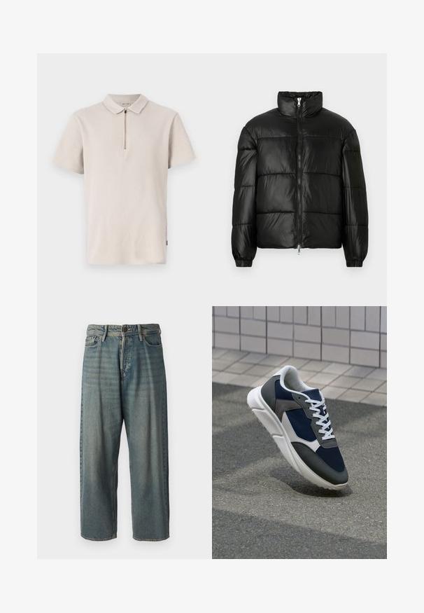 Svart pufferjakke med høy krage, glidelås foran, quiltet design, elastiske mansjetter og blank, glatt stofffinish.; Lys beige kortermet polo-skjorte med glidelås i kragen, teksturert stoff og detaljer med sidesplitt. Har et subtilt ribbet mønster.; Lyseblå denimjeans med løs passform, midjehøyde og rette ben. Har fem lommer, beltehemper og knappelukking.; Sneakers med en navy blå mesh-overdel, grå sømværk, hvit gummisåle og flate hvite snører, designet for komfort og pusteevne.