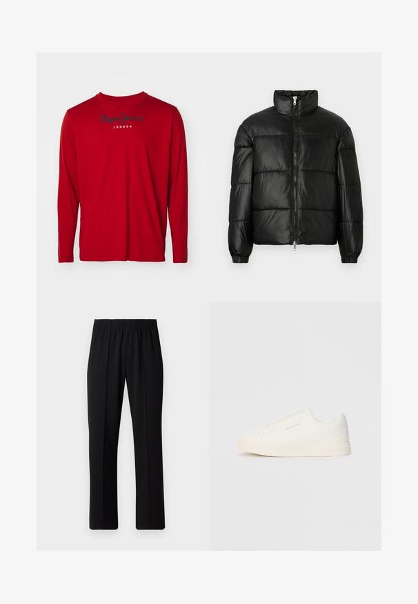 Schwarze Daunenjacke mit hohem Kragen, Reißverschluss vorne, gestepptem Design, elastischen Bündchen und glänzendem, glattem Stofffinish.; Rotes Langarm-T-Shirt aus Baumwolle mit Rundhalsausschnitt. Mit schwarzem "Pepe Jeans LONDON"-Text auf der Brust. Glatte Textur.; Schwarze, Gummibund-Hosen mit geradem Schnitt, die eine glatte Textur aufweisen und keine sichtbaren Muster oder Beschläge haben.; Weiße Slip-On-Sneaker mit einer strukturierten Oberfläche, dicker Sohle und minimalistischem Design. Mit Logo der Marke an der Seite.