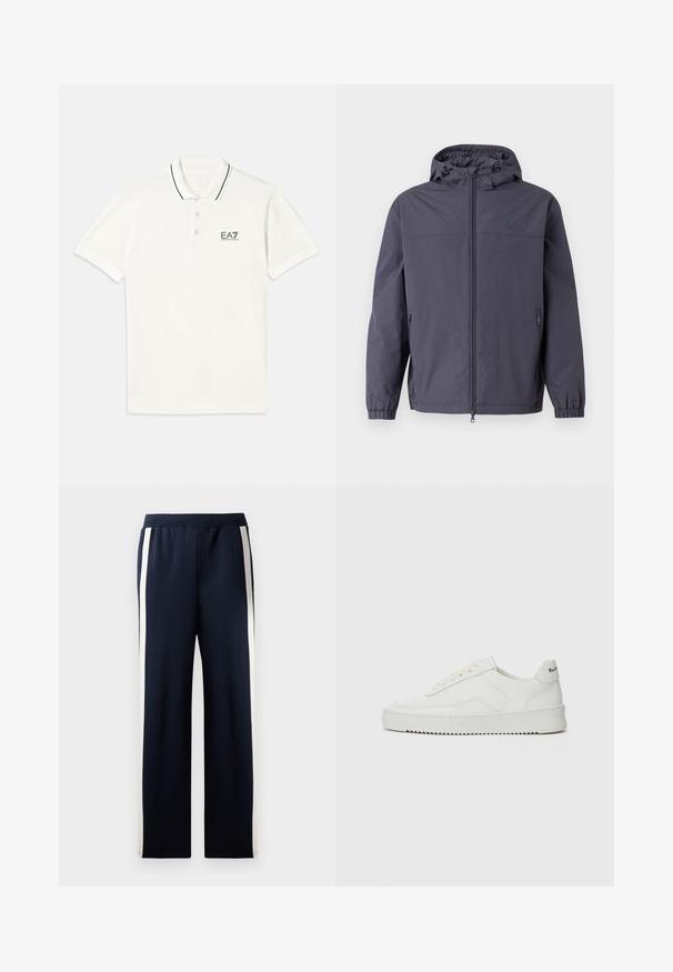 Voděodolná kapucí bunda ve tmavě šedé barvě, s plným předním zipem, elastickými manžetami a dvěma postranními kapsami. Hladká, matná textura.; Bílá polo tričko s krátkým rukávem, límeček na dvě knoflíky, s černými pruhy a malým černým logem EA7 na hrudi. Materiál: bavlna.; Námořnické tepláky s širokým střihem, které mají podél stran vertikální krémové pruhy. Vyrobené z měkké texturované tkaniny s elastickým pasem.; Bílé kožené tenisky s hladkým povrchem, kulatou špičkou, plochými tkaničkami a texturovanou podrážkou. Na patě se nachází nenápadné logo.