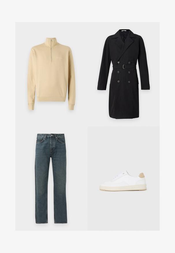 Cappotto trench nero doppiopetto con rever, cintura e bottoni grandi. Tessuto liscio con una silhouette strutturata e maniche lunghe.; Tiger of Sweden MARLON - Felpa - practical beige; Jeans in denim blu scuro con design a gamba dritta, dotati di cinque tasche, chiusura a bottone e dettagli di cucitura a contrasto.; Sneaker bianche basse in pelle testurizzata, con suola rigata color crema e dettagli sul tallone color marrone chiaro. Presentano lacci bianchi e un logo sul tallone.