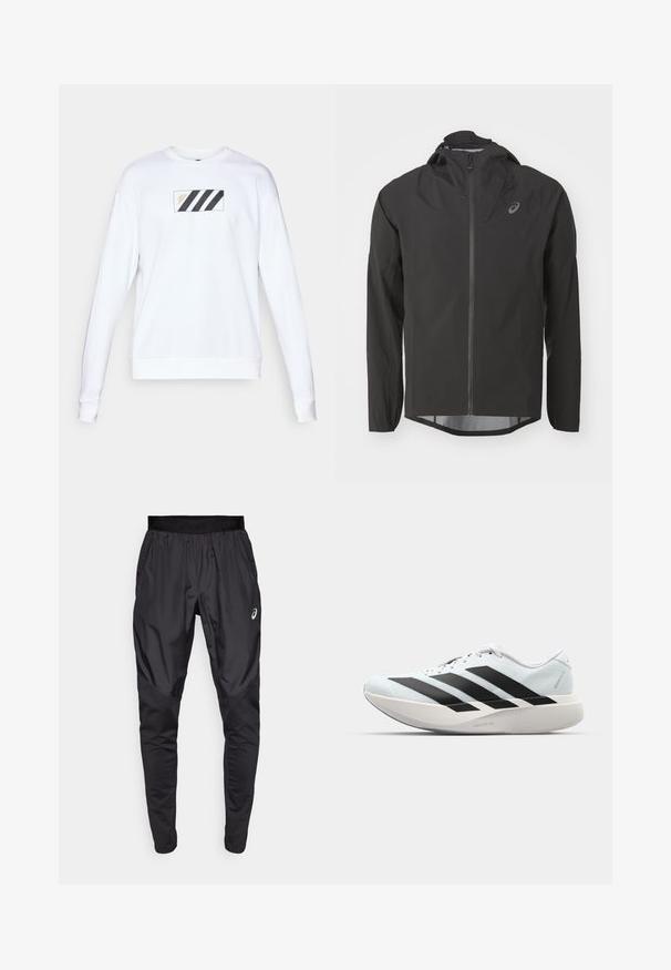 Giacca impermeabile nera con zip anteriore, cappuccio regolabile e maniche lunghe. Presenta una texture liscia e un logo discreto sul petto.; Felpa bianca con un patch rettangolare con tre strisce diagonali nere e testo dorato. Tessuto morbido, maniche lunghe e polsini a coste.; Pantaloni sportivi neri con una cintura elastica, tasche laterali e pannelli di texture a contrasto sulle gambe. Logo Asics sull'anca.; Scarpe da corsa leggere di colore azzurro pallido con strisce nere. Presentano una tomaia liscia, punta rotonda e un'ampia intersuola bianca etichettata "LIGHTSTRIKE PRO."