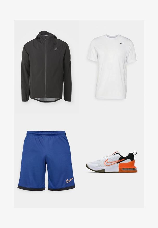 Čierna vodoodpudivá bunda so zipsom vpredu, nastaviteľnou kapucňou a dlhými rukávmi. Má hladkú textúru a jemné logo na hrudi.; Biela krátka tričko s krátkymi rukávmi vyrobené z hladkej látky. Má okrúhly výstrih a malé čierne logo Nike na ľavej hrudi.; Pánske modré športové šortky Nike s elastickým pásom, čiernymi akcentmi na leme a oranžovým logom na dolnej ľavej strane.; Biele športové topánky s textúrovaným sieťovaným zvrškom, čiernymi a oranžovými akcentmi, hrubou gumovou podrážkou a priesvitnou vzduchovou vankúšikovou časťou na päte.