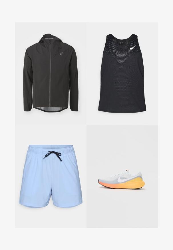 Fekete vízálló dzseki cipzáros elülső résszel, állítható kapucnival és hosszú ujjakkal. Simább textúrával és diszkrét logóval a mellkasi részen rendelkezik.; Fekete sportos trikó perforált textúrával és kerek nyakkivágással. Elöl fehér Nike logó található.; Világoskék fürdőnadrág, könnyű anyagból készült, elasztikus derékpánttal és fekete zsinórral, oldalára zsebekkel.; világoskék futócipő, légáteresztő hálós felsőrésszel. Fehér pipa, narancssárga és sárga középtalp, és fekete talp a tapadásért.