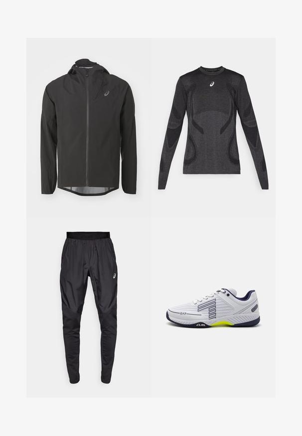 Juodas nepralaidus vandeniui džemperis su užtrauktuku priekyje, reguliuojama kapišonu ir ilgomis rankovėmis. Ypatybės: glotni tekstūra ir subtili logotipas ant krūtinės.; Ilgaespalvi atletinio stiliaus marškinėliai tamsiai pilkos spalvos, su tekstūruotais dizaino akcentais šviesiai pilkoje spalvoje. Apvalus iškirpimas ir logotipas ant krūtinės.; Juodi sportiniai kelnes su elastingu juosmeniu, šoninėmis kišenėmis ir kontrastingos tekstūros panelėmis ant kojų. Asics logotipas ant klubo.; Baltos sportinės bateliai su tamsiai mėlynais akcentais, tekstūrizuota mesh medžiaga, perforuoti detalės, storas padas su geltonomis ir juodomis dalimis bei logotipo ženklinimu.
